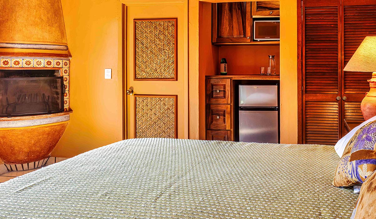 bed, fireplace, fridge