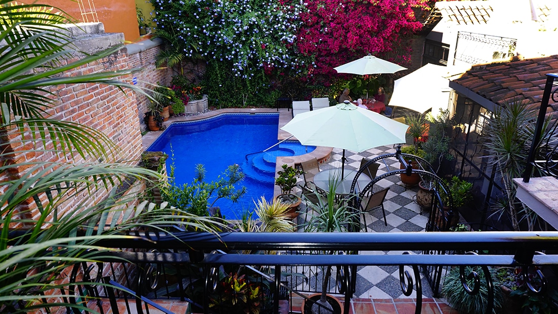 View looking down from the balcony of El Jardin